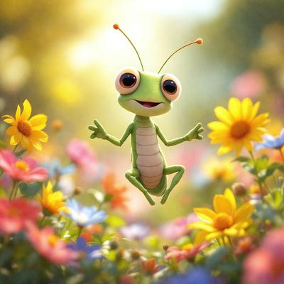 The primary subject of the image is a green lizard, which is the main focus of the scene. The lizard is standing on a flower, surrounded by a field of colorful flowers. The setting appears to be a garden or a natural environment with a vibrant and lively atmosphere. The visual style of the image is a combination of photo and digital art, creating a unique and eye-catching representation of the lizard in its natural habitat.